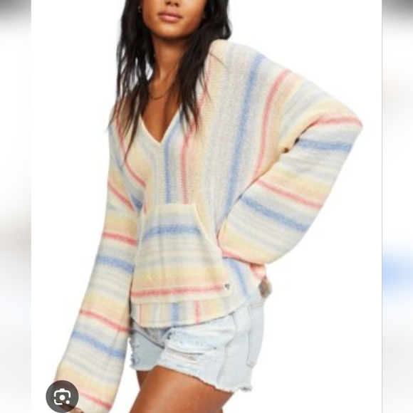 Buc-ees Pastel Thin Knit Hooded Striped Blue White Pink Swim Cover L Hoodie Swea - Picture 1 of 12